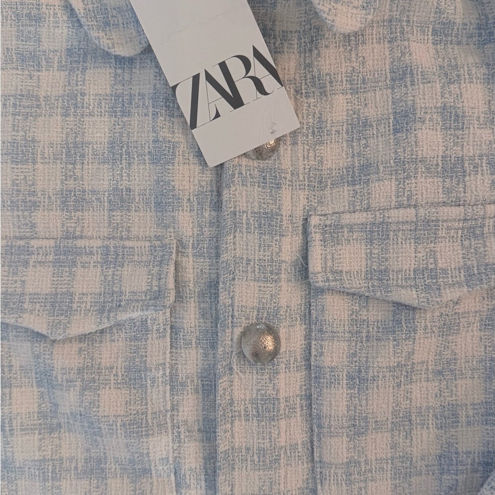 ZARA TWEED  PLAID GINGHAM CHECKERED JACKET BLUE WHITE S STRUCTURED - Picture 5 of 7